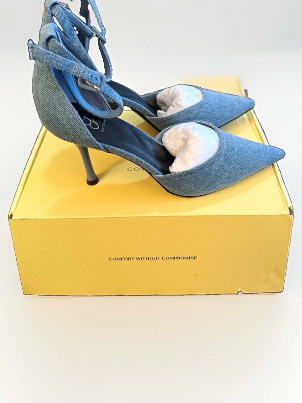 Pointed Denim Ankle-Strap Stiletto Heels in Blue